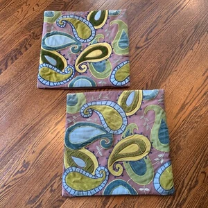 Pair Crate & Barrel Pillow Covers Patchwork Paisley Velvet Funky Artsy - Picture 1 of 10