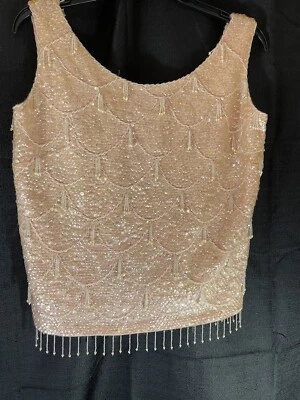 Blusa de noche rosa de colección con lentejuelas y cuentas sin mangas talla Med Foto 1 de 4