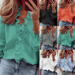 Womens Ruffle V Neck T-Shirts Ladies Long Sleeve Casual Solid Blouse Tops Tees - Picture 1 of 38