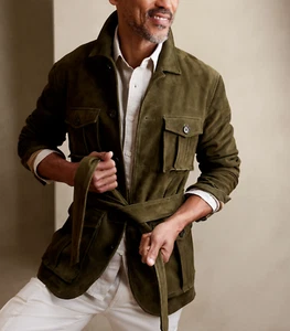 Olive Green Field Leather Jacket Men Pure Suede Custom Made Size S M L XXL 3XL - Picture 1 of 7