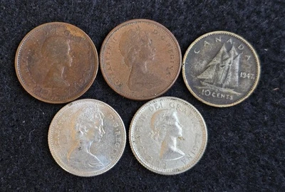 Canada 5 Coins | Mixed Canadian Currency | Cents Dollars - Image 1 of 4
