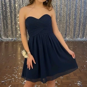 David's Bridal Dress Sz 2 Navy Blue Strapless Chiffon Brides Formal Homecoming - Picture 1 of 11
