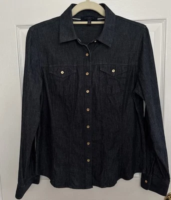 Talbots Denim Shirt Dark Blue Wash Cotton Gold Buttons Fitted Waist Sz 10P - Image 1 of 4