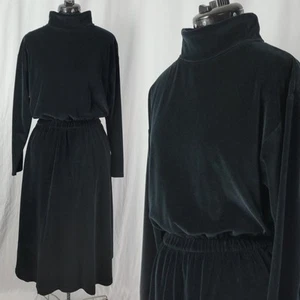 Vintage FADS Black Knit Velvet Turtleneck Dress w Elastic Waist Size PL - Picture 1 of 18