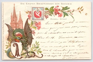 Postal del dragón suizo - Arte de estampillas de Basilea City - Serie heráldica de fantasía - Imagen 1 de 2