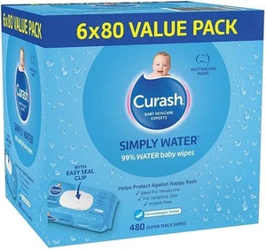 6 x 80 Value Pack Curash Simply Water Baby Wipes Thick and Soft Baby Wipes - Picture 1 of 3