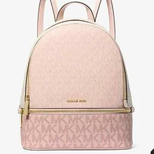 Michael Kors Rhea Medium Signature Logo Backpack MK Powder Blush Pink Multi NEW - Picture 1 of 16
