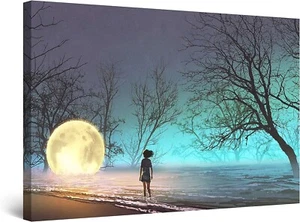 Girl Moon Water and Trees Painting 90x60cm Framed Premium Quality Wall Art Print - Picture 1 of 3