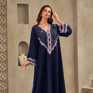 Maxi abito donna musulmano Ramadan strass scollo a V Abaya Kaftano Dubai Turchia accappatoio - Foto 1 di 9