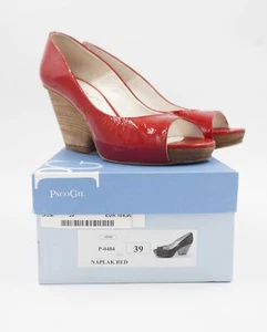 Paco Gil Shoes Pumps Naplak Red Size 39 Red Glossy Finish Leather Wedge 8 CM B67 - Picture 1 of 8