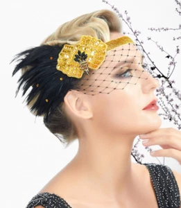 1920s Flapper Gold Headband Black Feather Sequins Net Headpiece Gatsby Party 20s - Picture 1 of 2