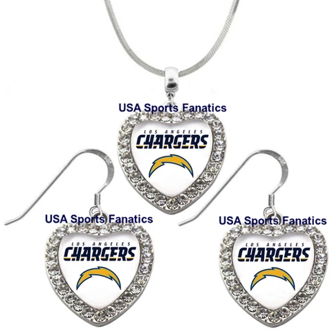 Los Angeles Chargers 925 Necklace / Earrings or Set Team Heart With Rhinestones Cover