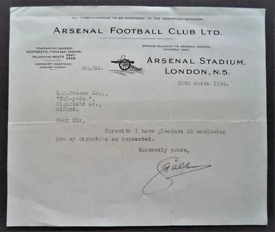 CARTA AUTÓGRAFA DE ALLISON, GEORGE ARSENAL FC MANAGER 1934 CON MEMBRETE EN RELIEVE Foto 1 de 2