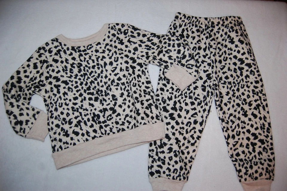 Niñas Pequeñas Conjunto BEIGE NEGRO LEOPARDO GUEPARDO ESTAMPADO Sudadera Pantalones deportivos 2T Foto 1 de 1