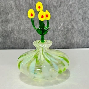 Vintage handgefertigte kristallklare Kristall Blumenvase mit gelben Blüten Parfüm Flakon - Bild 1 von 9