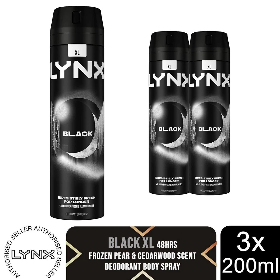 Lynx XL Black 48H Fresh Frozen Pear & Cedarwood Duft Körperspray Deo, 3x200ml