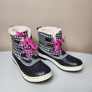 Sorel Womens |9.5| Tivoli Black/Ivory Houndstooth Tweed Lace Up Waterproof Boot - Picture 1 of 11