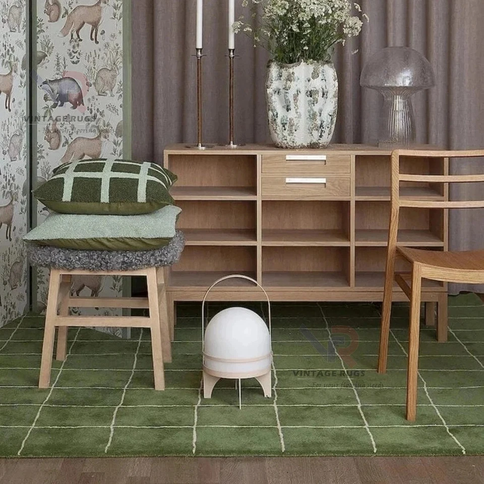 Alfombra de lana hecha a mano 8x10 verde acolchada a mano moderna alfombra de área de rejilla para sala de estar Foto 1 de 4