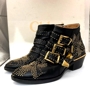 Authentic!!! Chloe Susanna Ankle Boots Black Leather & Gold Studs In Box Size 34 - Picture 1 of 10