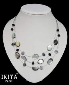 Statement Halskette IKITA Paris Collier 3 Kabel-Kette Glasperlen Facette Perlmut - Bild 1 von 1