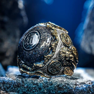 İslamic Ayetul Kursi Written 925 Sterling Silver Amber Stone Lion Mens Ring - Picture 1 of 5