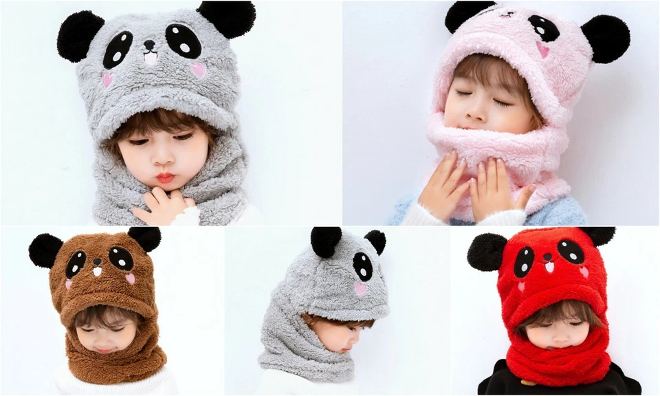 COLOURFUL BABY WORLD Boy Girl Panda Snood Hat Scarf Neck Warmer Pink Grey Red Kids Fancy Costume
