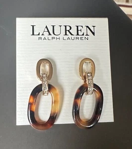 Lauren Ralph Gold Tone Faux Tortoise Pave Crystal Link Drop Earring New with Tag - Picture 1 of 8