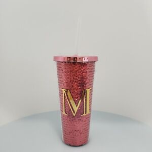 Monogram Tumbler "M" Glitter Sequin 20oz Plastic Double Wall Cup, Lid & Straw 