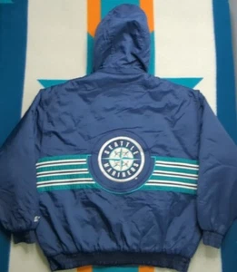 Vintage Seattle Mariners Satin Puffer Jacket Hooded Zip Quilt Lined Starter XL - Bild 1 von 9