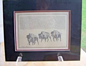 3 Buffalo on Range in Snow by James Pollock ~ 5 x 7" Rare Signed 1980 Matted - Picture 1 of 8