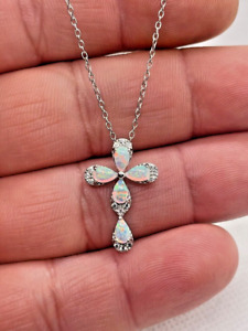 Cross pendant necklace with opal & lab created diamonds 925 sterling silver