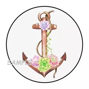 30 PRETTY FLORAL BOAT ANCHOR ENVELOPE SEALS LABELS STICKERS 1.5" ROUND NAUTICAL - Picture 1 of 1