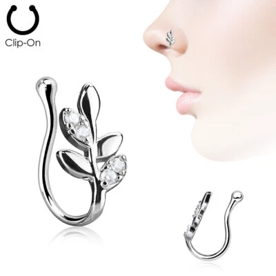 Clip On Nose Stud Cuff Olive Branch Leaf 4 CZ Stones Non Piercing Silver Plated - Image 1 of 4