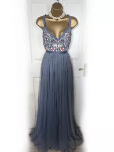 NEEDLE & THREAD Grey Tulle Floral Embroidered Maxi Occasion Dress, Size 8 - BNWT - Picture 1 of 9