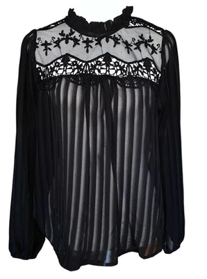 IRIS Volantes Cuello Simulado Bordado Encaje Yema Negro Malla Transparente Manga Globo Foto 1 de 4