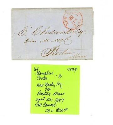US Cover - Stampless - New York, NY to Boston, Mass. - Red Cancel       (8-C259) - Image 1 of 4