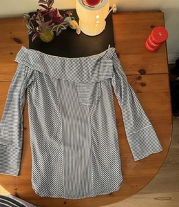 NEXT UK 8 Off the Shoulder Top Blue White Stripe Long Sleeve Lightweight Pocket - Picture 1 of 11