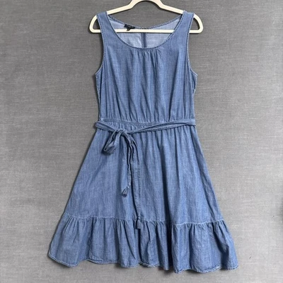 Vestido Talbots 12 Petite Azul Denim Cambray Sin Mangas Cinturón Volantes Western Foto 1 de 4