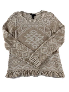 Azteken Pullover Damen M Medium Beige Langarm Fransen INC - Bild 1 von 8