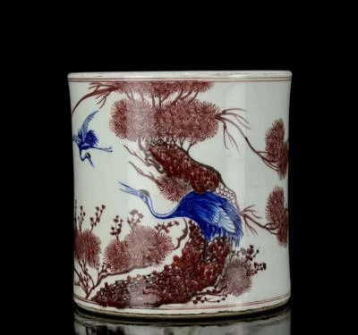 Pincel vermelho antigo chinês assinado por Shujintang com guindaste N1256 - Imagem 1 de 4