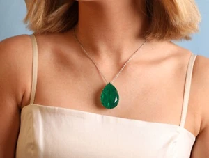 Big Lab Created Emerald Pendant Crystal & Chain Sterling Silver 18k Gold Accents - Picture 1 of 12