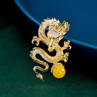 Yellow Gold Plated Cubic Zirconia Chinese Dragon Brooch Pin