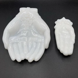 2 Vintage Avon Touch of Beauty Milk Glass Hand Hands Floral Soap Dish Holder - Picture 1 of 7