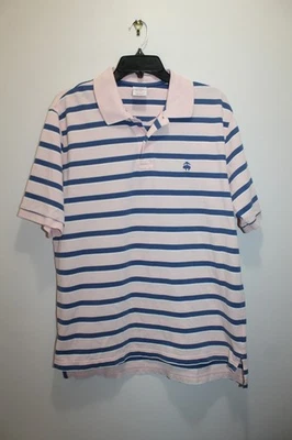 BROOKS Brothers 男式 POLO 衫 100% 棉条纹粉色海军蓝和白色 L 码 — 第 1/4 张图片