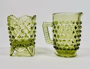 🔥 Vibrant Green Fenton Colonial Blue Hobnail Creamer & Toothpick Holder Set - Picture 1 of 15