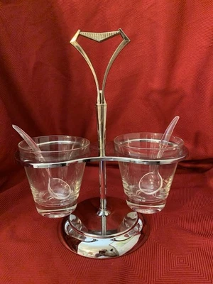 1970s KROMEX Mid Century Modern MCM Chrome Rotating 2 Bowl 5 Pc Serving Carousel - Image 1 of 4