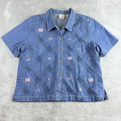 Camisa Vintage Koret City Azul Mujer Grande Azul Denim Bandera Americana Patriótica Foto 1 de 4