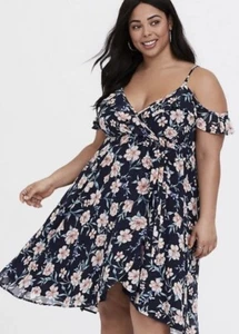 TORRID Faux Wrap Dress Navy Blue Floral Cold Shoulder Hi-Lo Chiffon Lined Size 3 - Picture 1 of 15