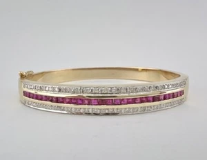 Designer 14k Yellow Gold Princess Cut Ruby & Diamond Bangle Bracelet 22g - Picture 1 of 9