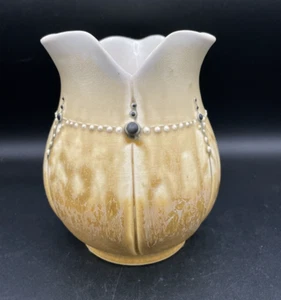 Art Studio Vase - Tulip Shaped Pottery - Yellow Drizzle Glazed - Bead Dot Decor - Picture 1 of 10